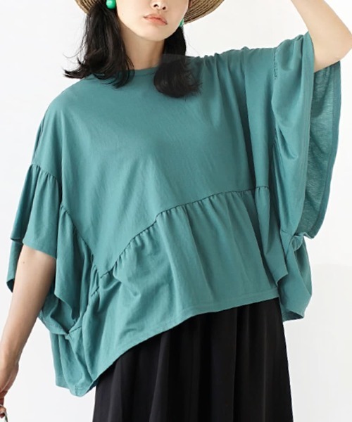 e-zakkamania stores（イーザッカマニアストアーズ）の「フリル スクエアポンチョ プルオーバー（Tシャツ/カットソー・レディース・ブルーグリーン/ホワイト/ブラック・M）」の3枚目の写真