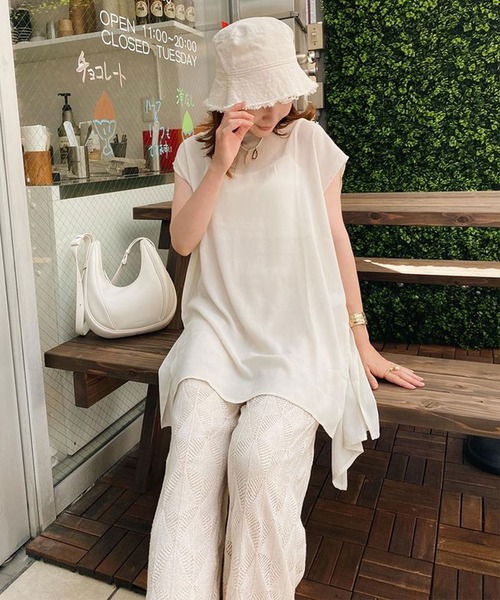 ＡＮＤＪ（アンドジェイ）の「2WAY楊柳シフォントップス＆リブキャミソール2枚セット（Tシャツ/カットソー・レディース・グリーン系その他/ブラック/ベージュ系その他/パープル・M）」の7枚目の写真