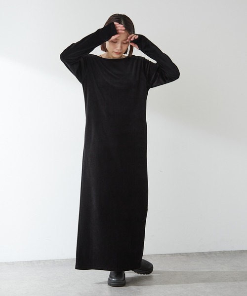 Omekashi（オメカシ）の「【earthy_】オーガニックコットンバックシャンベロアワンピース（ワンピース・レディース・チャコールグレー/ブラック/ベージュ・S/M）」の4枚目の写真