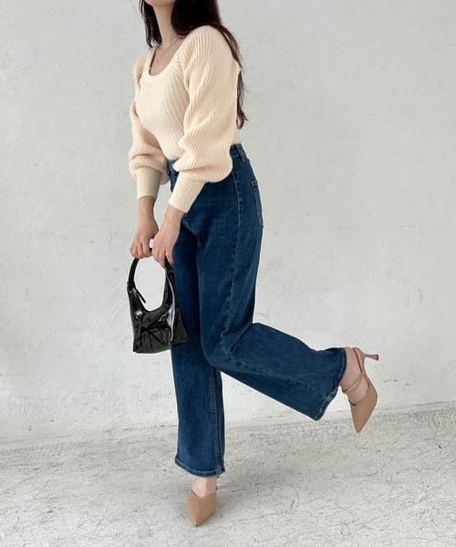 Lamoa（ラモア）の「Lamoa/ボリュームスリーブ スクエアネック リブニット（ニット/セーター・レディース・ブラック/ブラウン/グレー/ピンク/アイボリー・FREE）」の9枚目の写真