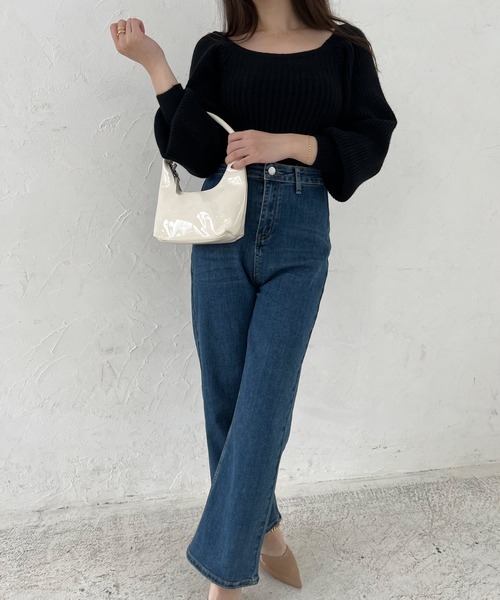 Lamoa（ラモア）の「Lamoa/ボリュームスリーブ スクエアネック リブニット（ニット/セーター・レディース・ブラック/ブラウン/グレー/ピンク/アイボリー・FREE）」の12枚目の写真