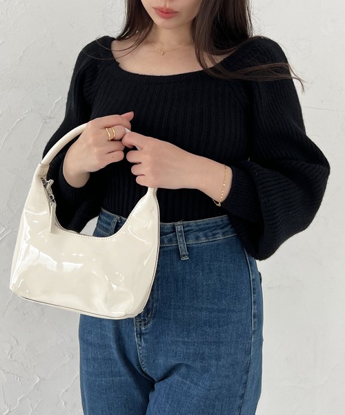 Lamoa（ラモア）の「Lamoa/ボリュームスリーブ スクエアネック リブニット（ニット/セーター・レディース・ブラック/ブラウン/グレー/ピンク/アイボリー・FREE）」の14枚目の写真