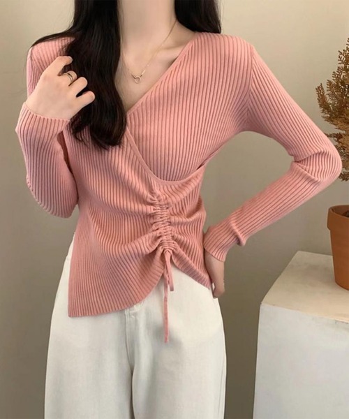 Jasmine Grandiflorum（ジャスミングランディフローラム）の「【Jasmine】Vネックウエストギャザーリボンニットトップス (AW)（ニット/セーター・レディース・ピンク/ブルー/ベージュ/ブラック/ホワイト・FREE）」の5枚目の写真