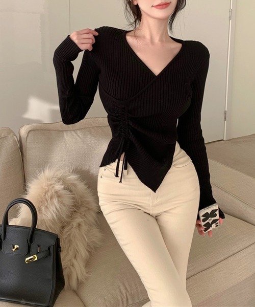 Jasmine Grandiflorum（ジャスミングランディフローラム）の「【Jasmine】Vネックウエストギャザーリボンニットトップス (AW)（ニット/セーター・レディース・ピンク/ブルー/ベージュ/ブラック/ホワイト・FREE）」の8枚目の写真