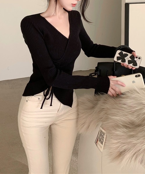 Jasmine Grandiflorum（ジャスミングランディフローラム）の「【Jasmine】Vネックウエストギャザーリボンニットトップス (AW)（ニット/セーター・レディース・ピンク/ブルー/ベージュ/ブラック/ホワイト・FREE）」の9枚目の写真