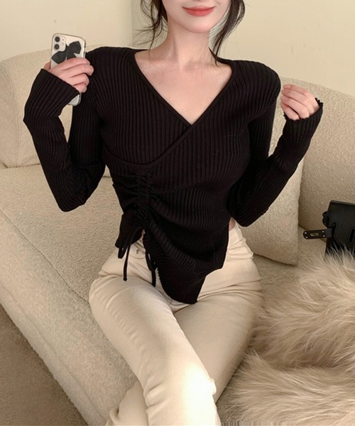 Jasmine Grandiflorum（ジャスミングランディフローラム）の「【Jasmine】Vネックウエストギャザーリボンニットトップス (AW)（ニット/セーター・レディース・ピンク/ブルー/ベージュ/ブラック/ホワイト・FREE）」の10枚目の写真