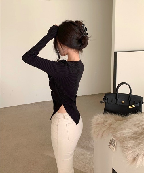 Jasmine Grandiflorum（ジャスミングランディフローラム）の「【Jasmine】Vネックウエストギャザーリボンニットトップス (AW)（ニット/セーター・レディース・ピンク/ブルー/ベージュ/ブラック/ホワイト・FREE）」の12枚目の写真