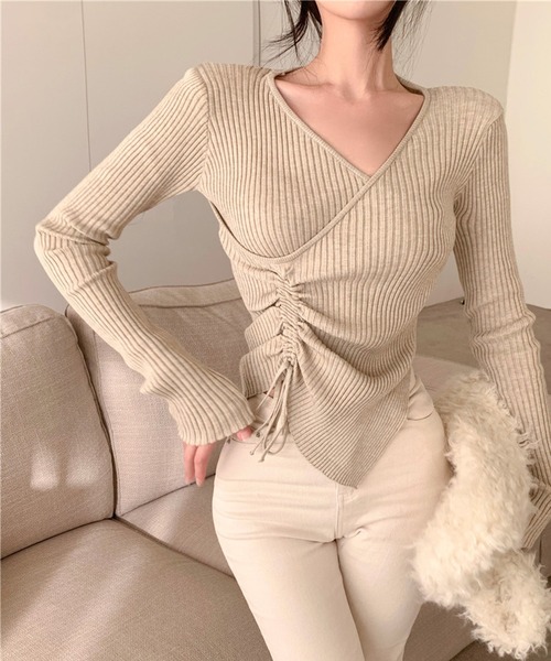 Jasmine Grandiflorum（ジャスミングランディフローラム）の「【Jasmine】Vネックウエストギャザーリボンニットトップス (AW)（ニット/セーター・レディース・ピンク/ブルー/ベージュ/ブラック/ホワイト・FREE）」の14枚目の写真