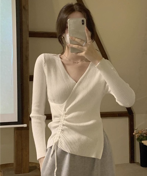 Jasmine Grandiflorum（ジャスミングランディフローラム）の「【Jasmine】Vネックウエストギャザーリボンニットトップス (AW)（ニット/セーター・レディース・ピンク/ブルー/ベージュ/ブラック/ホワイト・FREE）」の20枚目の写真