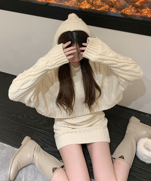 Jasmine Grandiflorum（ジャスミングランディフローラム）の「【Jasmine】ニットパーカートップス＆ニットミニスカートセットアップ (AW) (LV)（ワンピース・レディース・ベージュ/ホワイト/ブラック/グレー/ピンク/モカ/ダークブルー・FREE）」の13枚目の写真