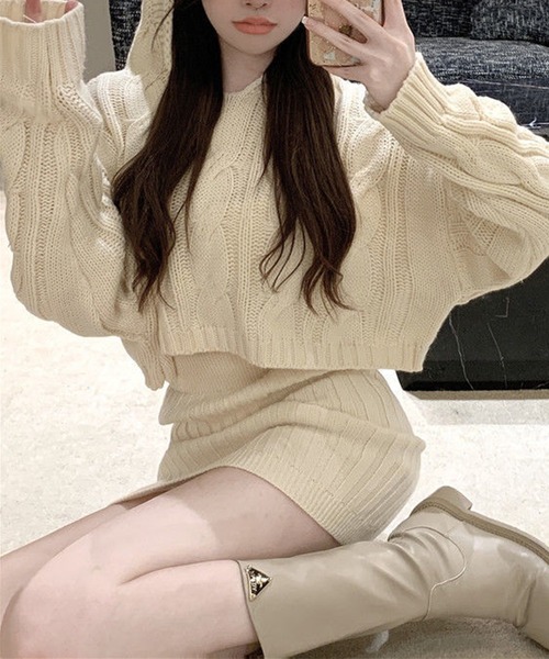 Jasmine Grandiflorum（ジャスミングランディフローラム）の「【Jasmine】ニットパーカートップス＆ニットミニスカートセットアップ (AW) (LV)（ワンピース・レディース・ベージュ/ホワイト/ブラック/グレー/ピンク/モカ/ダークブルー・FREE）」の18枚目の写真