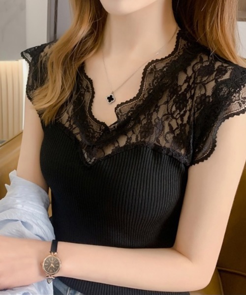Sibra(シブラ)の「レース切り替えニットトップス(ニット/セーター・レディース・ベージュ/ブラック/ピンク/アイボリー・M)」の13枚目の写真
