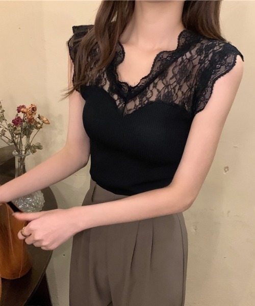 Sibra(シブラ)の「レース切り替えニットトップス(ニット/セーター・レディース・ベージュ/ブラック/ピンク/アイボリー・M)」の10枚目の写真