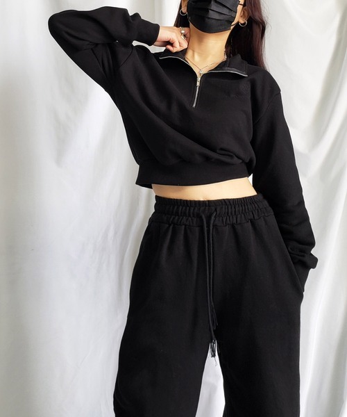 me+em select(ミームセレクト)の「※※【 セットアップ対応 】me+em select mini logo half zip short sweat / ミームセレクトミニロゴ刺繍ハーフジップショートスウェット【 韓国製 】(スウェット・レディース・ブラック/グレー/ピンク/ベージュ・FREE)」の7枚目の写真