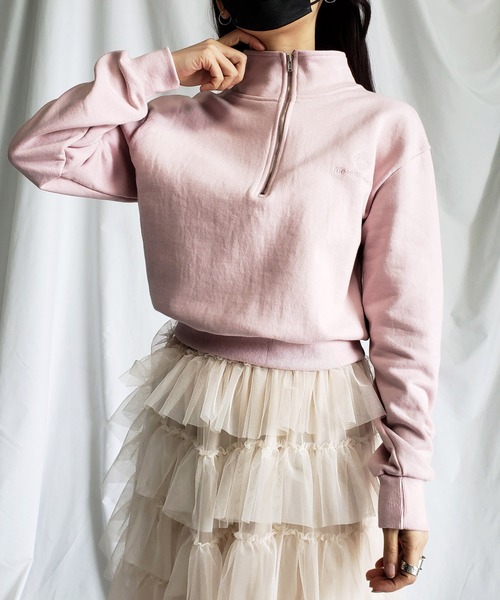 me+em select(ミームセレクト)の「※※【 セットアップ対応 】me+em select mini logo half zip short sweat / ミームセレクトミニロゴ刺繍ハーフジップショートスウェット【 韓国製 】(スウェット・レディース・ブラック/グレー/ピンク/ベージュ・FREE)」の8枚目の写真