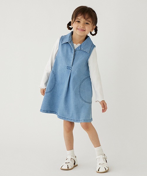 petit main（プティマイン）の「【リンク】開衿Aラインワンピース(キッズ)（シャツワンピース・キッズ・アイボリー/ブルー・110cm/120cm/90cm/100cm/80ｃｍ/130cm）」の2枚目の写真