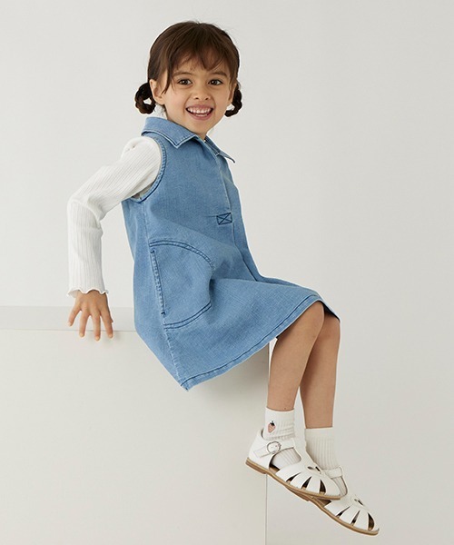 petit main（プティマイン）の「【リンク】開衿Aラインワンピース(キッズ)（シャツワンピース・キッズ・アイボリー/ブルー・110cm/120cm/90cm/100cm/80ｃｍ/130cm）」の13枚目の写真