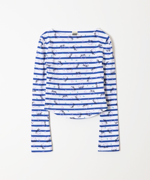 HOLIDAY（ホリデイ）の「FLOWER BORDER TOPS フラワーボーダートップス（Tシャツ/カットソー・レディース・ブルー/ホワイト×ブラウン/ホワイト×ネイビー・0/1）」の2枚目の写真