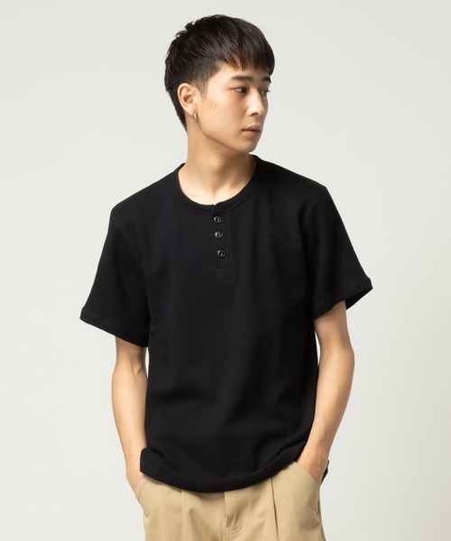 S&SONS(エスアンドサンズ)の「ワッフル 無地 ヘンリーネック 半袖 Tシャツ(Tシャツ/カットソー・メンズ・ネイビー/ホワイト/ブラック/カーキ/グレー・M/L/LL)」の1枚目の写真