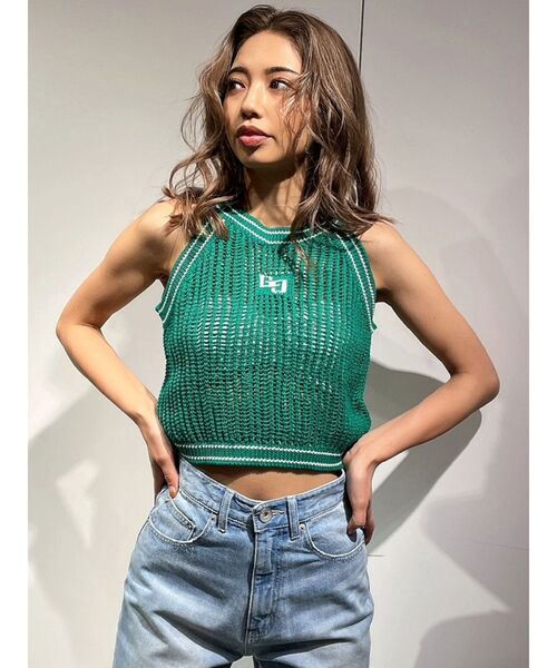 GYDA（ジェイダ）の「GGラインアメスリメッシュニットトップス（ニット/セーター・レディース・グリーン/ブラック/オフホワイト・FREE）」の4枚目の写真