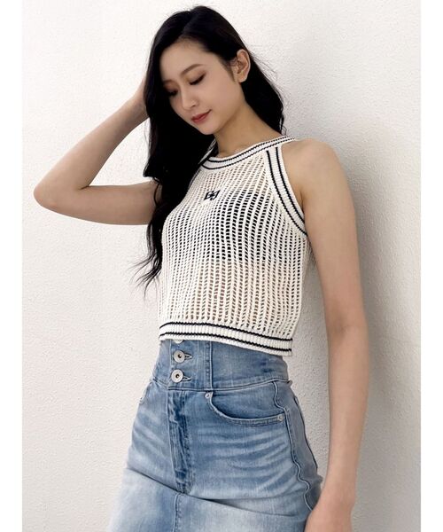 GYDA（ジェイダ）の「GGラインアメスリメッシュニットトップス（ニット/セーター・レディース・グリーン/ブラック/オフホワイト・FREE）」の10枚目の写真