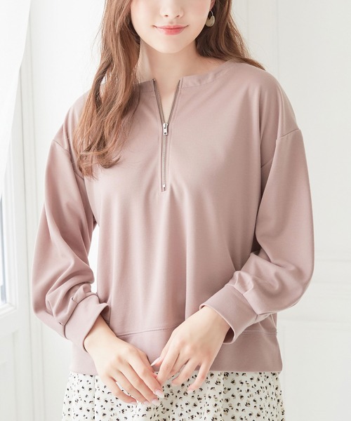 alotta(アロッタ)の「ポンチ素材ハーフジッププルオーバー(Tシャツ/カットソー・レディース・ブラック/ピンクベージュ/ホワイト・LL/3L/M/L)」の5枚目の写真