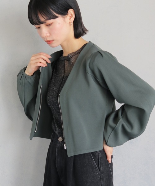 cheriella(シェリエラ)の「【cheriella】WEB限定ジップニットジャケット WEB LIMITED ZIP KNIT JACKET(ノーカラージャケット・レディース・カーキ/ダークグリーン/ブラック・M)」の3枚目の写真