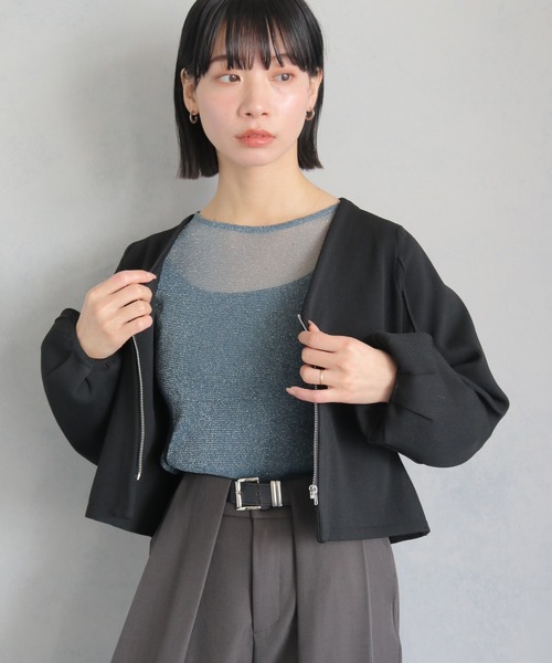 cheriella(シェリエラ)の「【cheriella】WEB限定ジップニットジャケット WEB LIMITED ZIP KNIT JACKET(ノーカラージャケット・レディース・カーキ/ダークグリーン/ブラック・M)」の2枚目の写真