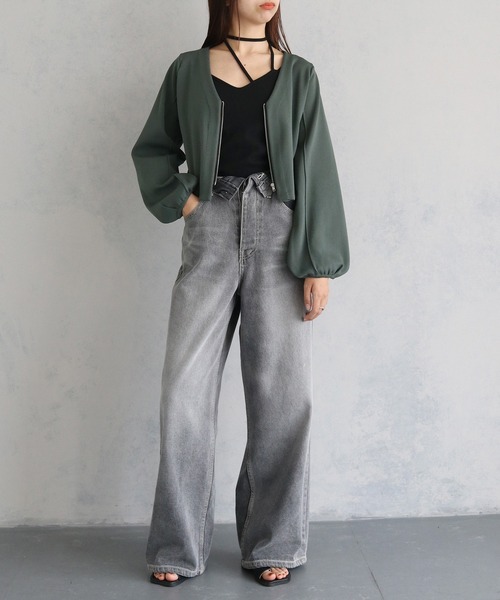 cheriella(シェリエラ)の「【cheriella】WEB限定ジップニットジャケット WEB LIMITED ZIP KNIT JACKET(ノーカラージャケット・レディース・カーキ/ダークグリーン/ブラック・M)」の9枚目の写真