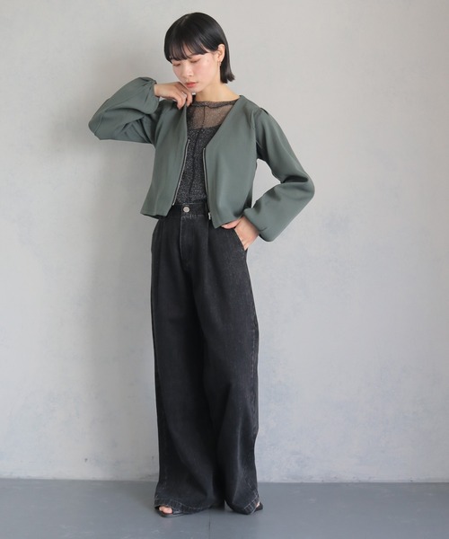 cheriella(シェリエラ)の「【cheriella】WEB限定ジップニットジャケット WEB LIMITED ZIP KNIT JACKET(ノーカラージャケット・レディース・カーキ/ダークグリーン/ブラック・M)」の14枚目の写真