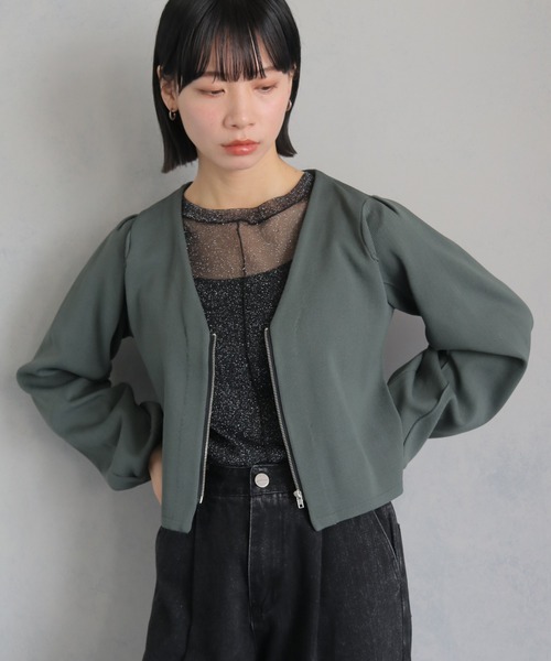 cheriella(シェリエラ)の「【cheriella】WEB限定ジップニットジャケット WEB LIMITED ZIP KNIT JACKET(ノーカラージャケット・レディース・カーキ/ダークグリーン/ブラック・M)」の20枚目の写真