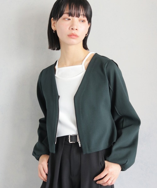 cheriella(シェリエラ)の「【cheriella】WEB限定ジップニットジャケット WEB LIMITED ZIP KNIT JACKET(ノーカラージャケット・レディース・カーキ/ダークグリーン/ブラック・M)」の7枚目の写真