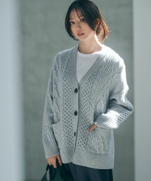 【洗える】ウールカシミヤ アランパターン カーディガン