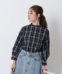 ◆【イージーケア/7分袖】控えめカラーのチェック柄 ハイネックブラウス