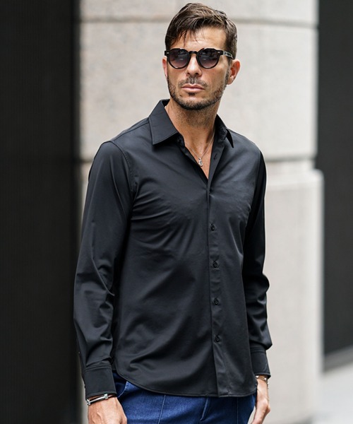 SOMEDIFF】ストレッチ長袖シャツ メンズ レギュラーカラーシャツ