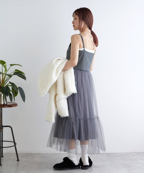 w closet（ダブルクローゼット）の「カット×チュールキャミワンピース（ワンピース・レディース・ブラック/キナリ/グレー・FREE）」の19枚目の写真