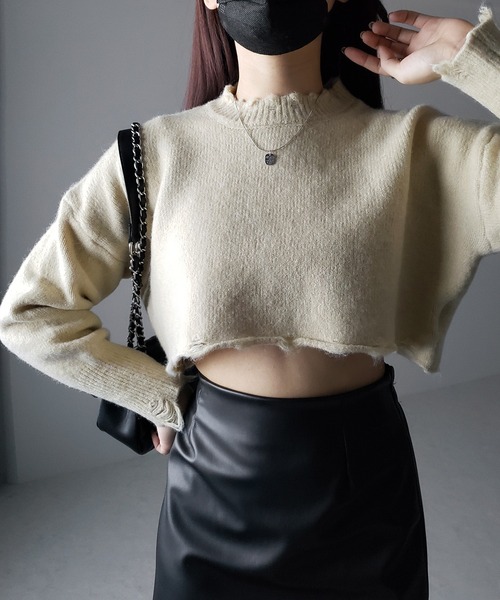 me+em select(ミームセレクト)の「※※【 4color 】ダメージデザインベリーショートニット(ニット/セーター・レディース・ブラック/ベージュ/グレー/ライトグリーン・FREE)」の4枚目の写真