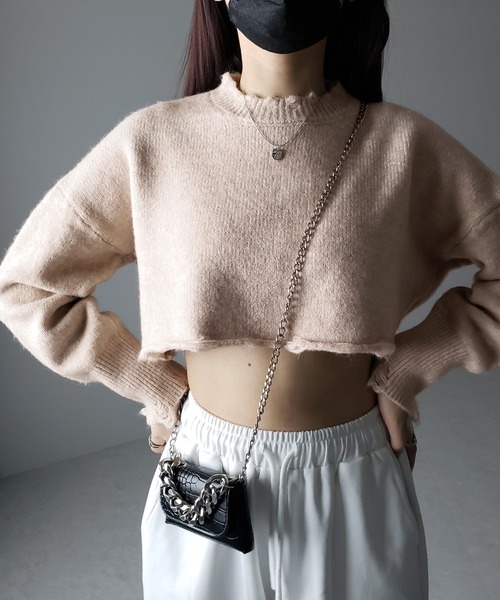 me+em select(ミームセレクト)の「※※【 4color 】ダメージデザインベリーショートニット(ニット/セーター・レディース・ブラック/ベージュ/グレー/ライトグリーン・FREE)」の5枚目の写真