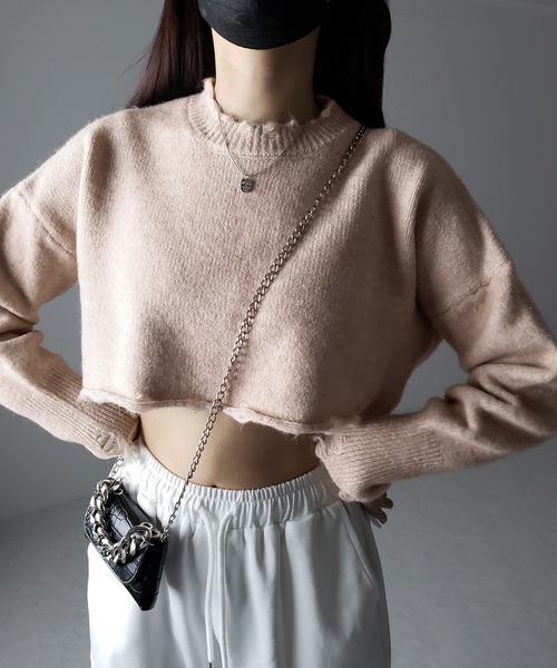 me+em select(ミームセレクト)の「※※【 4color 】ダメージデザインベリーショートニット(ニット/セーター・レディース・ブラック/ベージュ/グレー/ライトグリーン・FREE)」の8枚目の写真