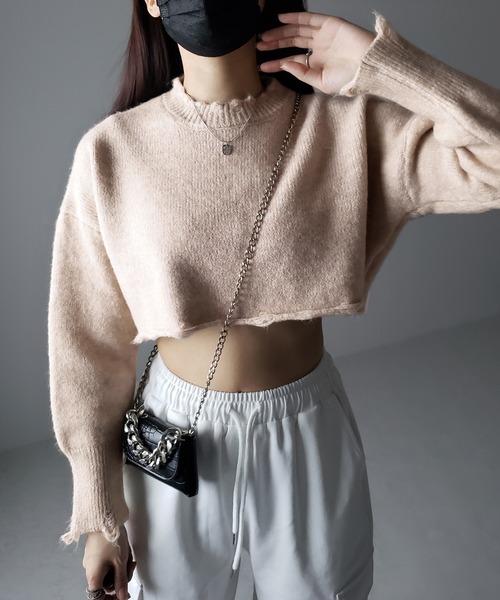 me+em select(ミームセレクト)の「※※【 4color 】ダメージデザインベリーショートニット(ニット/セーター・レディース・ブラック/ベージュ/グレー/ライトグリーン・FREE)」の11枚目の写真