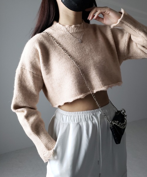 me+em select(ミームセレクト)の「※※【 4color 】ダメージデザインベリーショートニット(ニット/セーター・レディース・ブラック/ベージュ/グレー/ライトグリーン・FREE)」の6枚目の写真