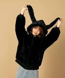 UNIIT | ふわふわ もこもこ デカ耳 うさ耳　しっぽエコファー フェイクファー オーバーサイズフードジャケット 防寒(ブルゾン)