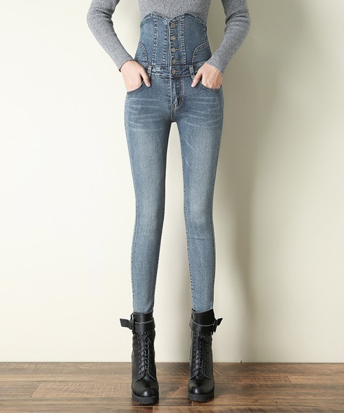 Miniministore(ミニミニストア)の「韓国デニム ハイウエスト スキニーパンツ(デニムパンツ・レディース・サックスブルー/インディゴブルー/ブラック・27/28/29)」の2枚目の写真