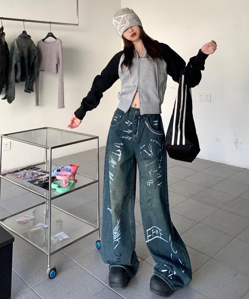 ペイントデザインデニムモップパンツ ワイドストレートシルエット