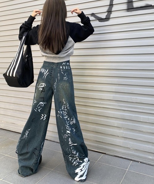 ペイントデザインデニムモップパンツ ワイドストレートシルエット