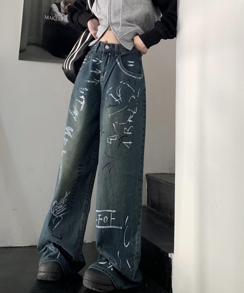 ペイントデザインデニムモップパンツ ワイドストレートシルエット