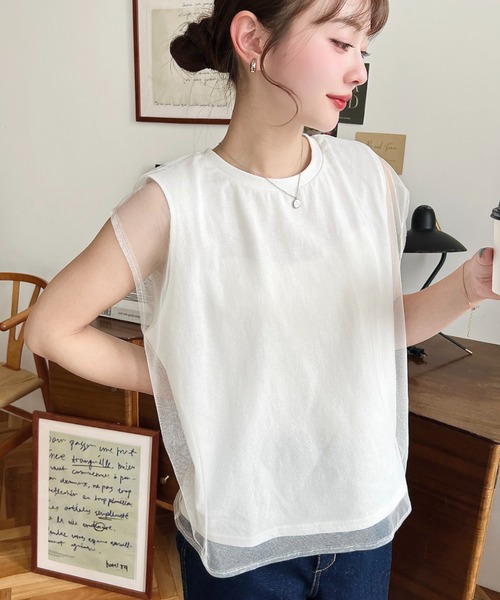 セール】綿100％天竺.チュールレイヤードノースリーブTシャツ（Tシャツ