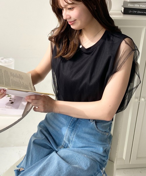 tシャツ チュールレイヤードノースリーブカットソー レディース セール】綿100％天竺.チュールレイヤードノースリーブTシャツ（T