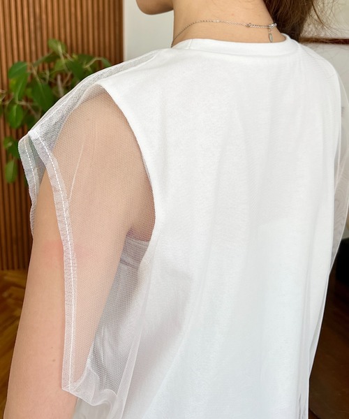 tシャツ チュールレイヤードノースリーブカットソー レディース セール】綿100％天竺.チュールレイヤードノースリーブTシャツ（T