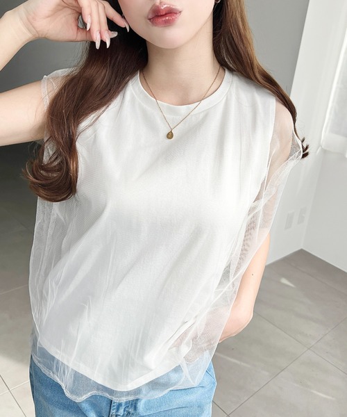 綿100％天竺チュールレイヤードノースリーブTシャツ（Tシャツ